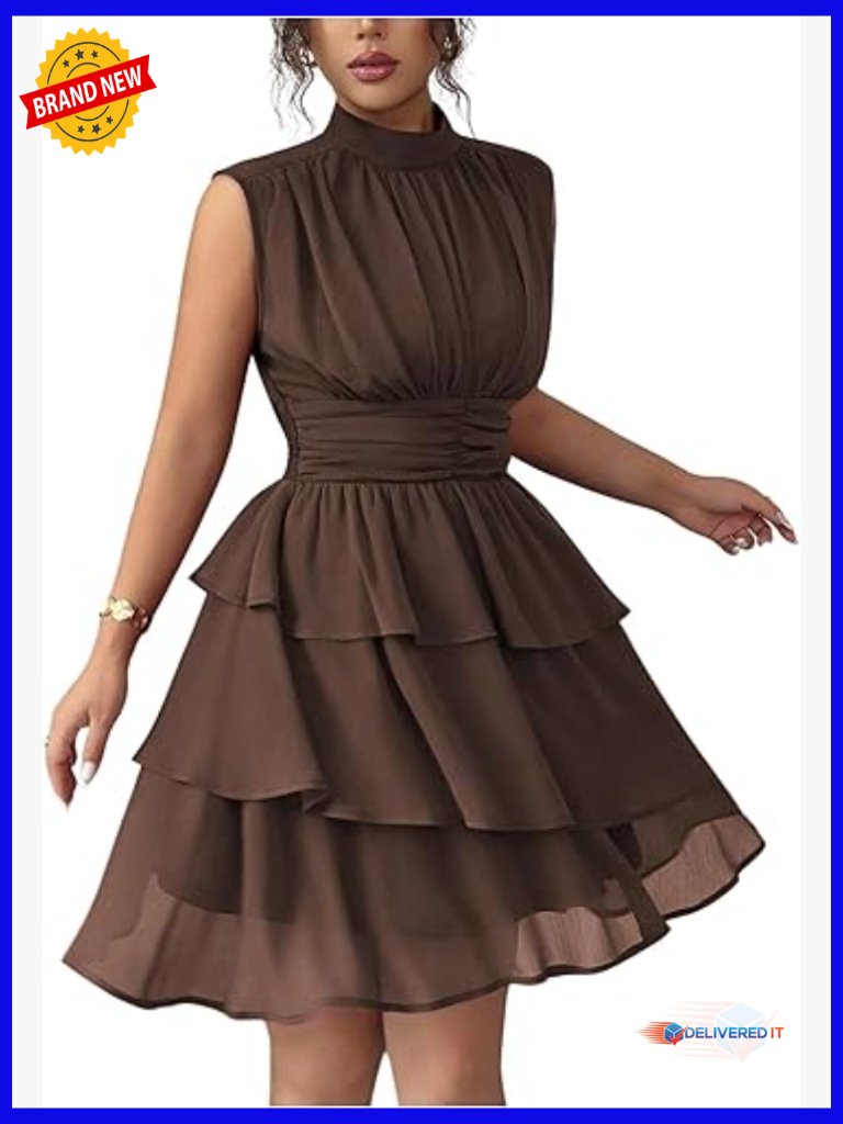 Women's Mock Neck Sleeveless Ruffle Cocktail Dress A-Line